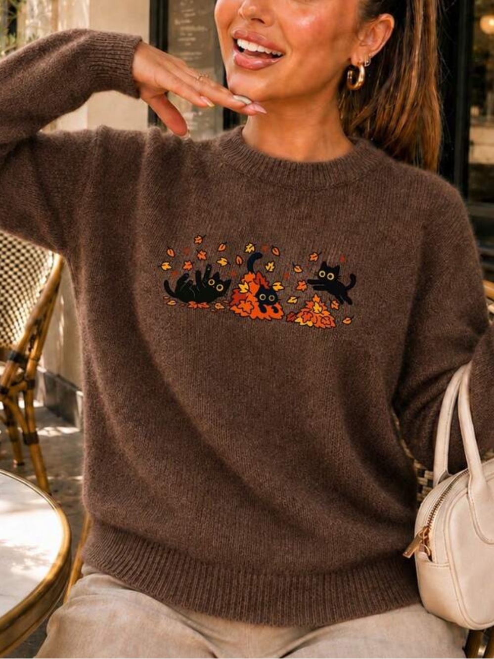 Coffee Brown Women's Crewneck Sweater with Autumn Cat Motif